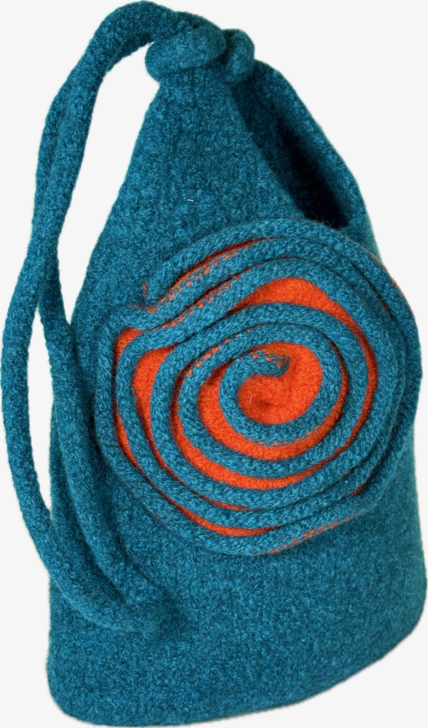 Teal balloon bag with orange spiral and knotted strap